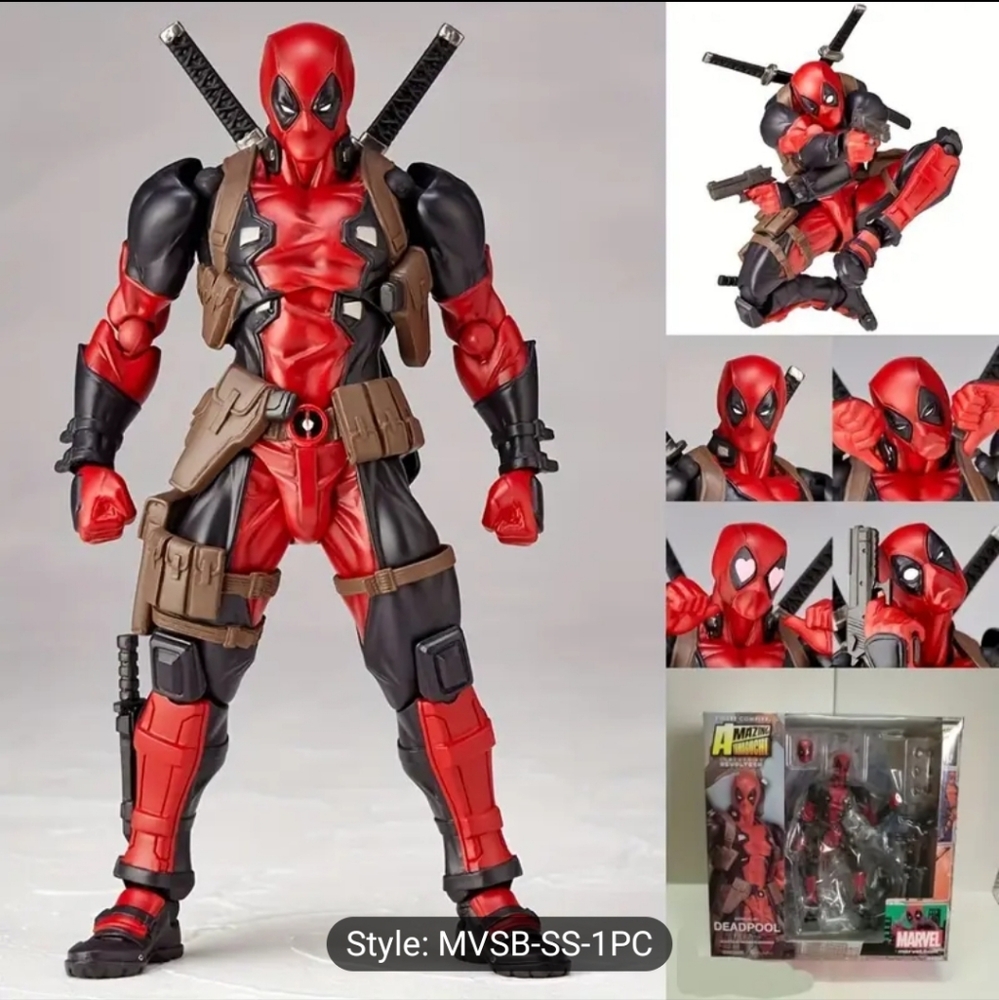 Deadpool Action Figure with Articulated Joints and Interchangeable Heads, PVC Co